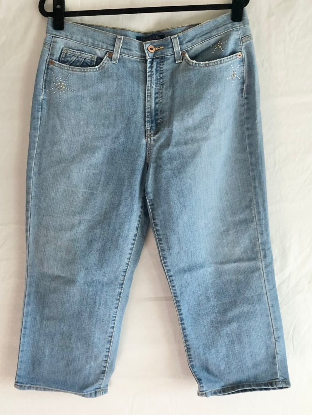 Retro Jeanstar Rhinestone Embellished Cropped Jeans Light Blue Plus Size 14